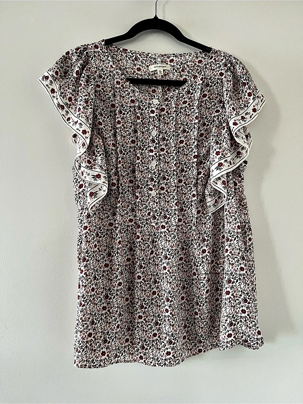 Max Studio White Red Floral Flutter Sleeve Top XL Fall Office Church Teacher